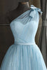 Load image into Gallery viewer, One Shoulder Blue Graduation Dress With Bowknot