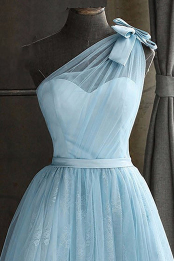 One Shoulder Blue Graduation Dress With Bowknot