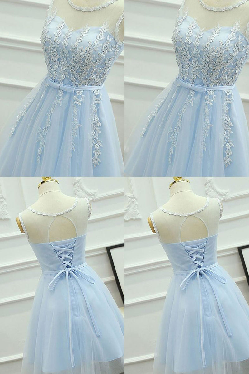 Load image into Gallery viewer, Blue Round Neck A Line Short Prom Dress