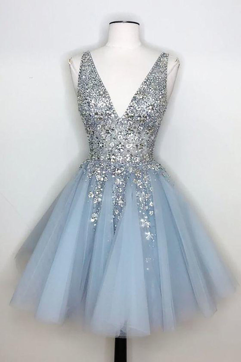 Load image into Gallery viewer, Blue V Neck Short Prom Dress With Beadings