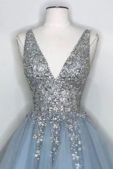 Blue V Neck Short Prom Dress With Beadings