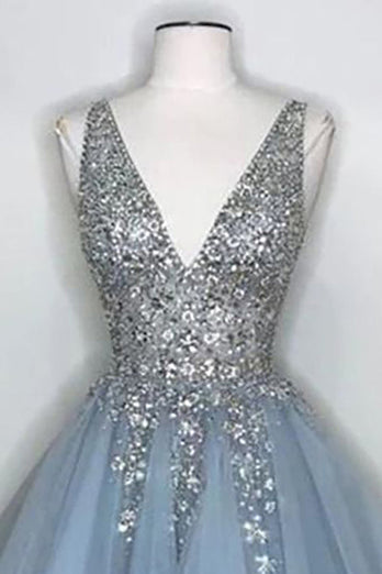 Blue V Neck Short Prom Dress With Beadings