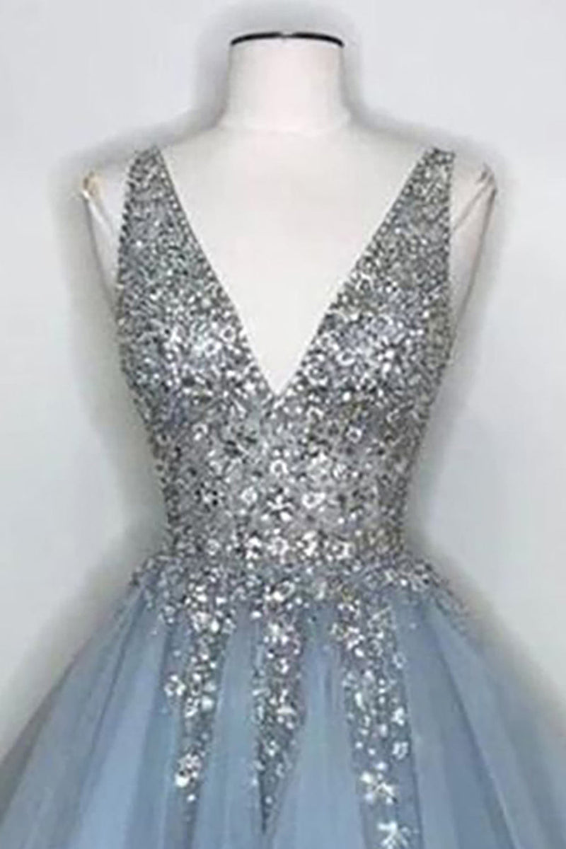 Load image into Gallery viewer, Blue V Neck Short Prom Dress With Beadings