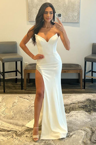 White Strapless Beading Mermaid Prom Dress with Slit