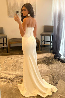 White Strapless Beading Mermaid Prom Dress with Slit