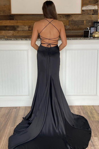 Black Lace-up Back Mermaid Prom Dress with Slit
