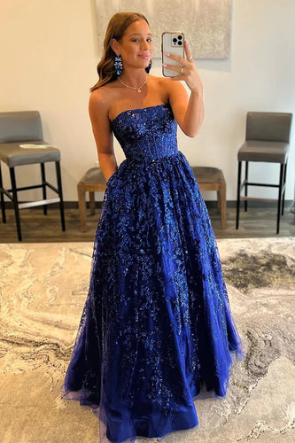 Royal Blue Sparkly Long Prom Dress with Pockets