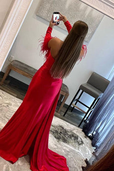 Off the Shoulder Fringes Satin Prom Dress with Slit