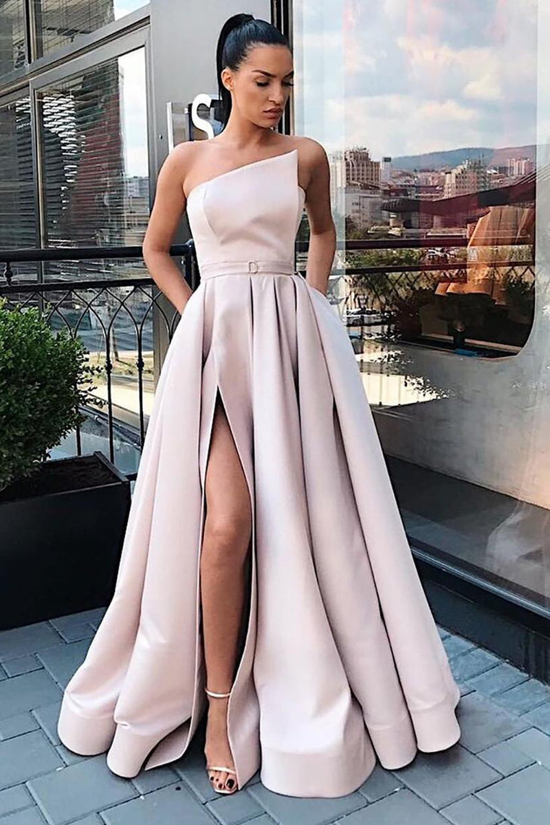 Load image into Gallery viewer, Strapless Satin A-line Prom Dress with Slit