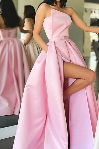Strapless Satin A-line Prom Dress with Slit