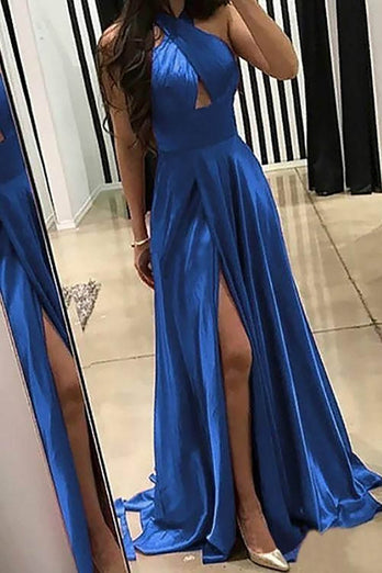 Halter Satin A-line Satin Prom Dress with Slit