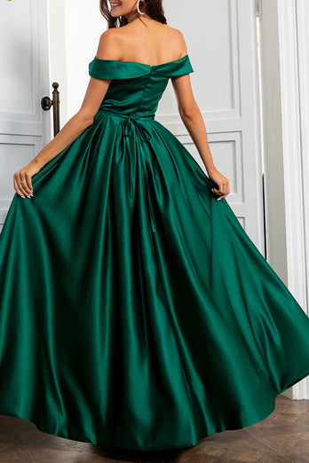Off the Shoulder Satin A-line Prom Dress with Buttons