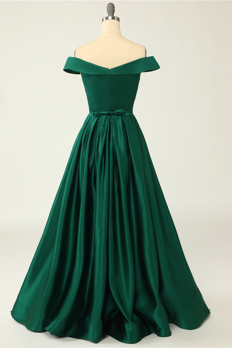 Load image into Gallery viewer, Off the Shoulder Satin A-line Prom Dress with Buttons