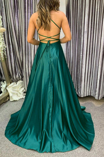 Satin Spaghetti Straps A-line Prom Dress with Slit