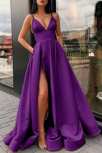 Satin Spaghetti Straps A-line Prom Dress with Slit