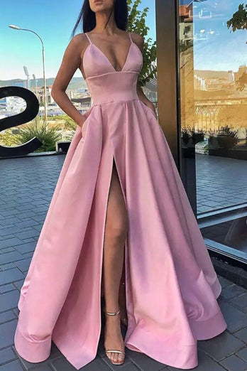 Satin Spaghetti Straps A-line Prom Dress with Slit