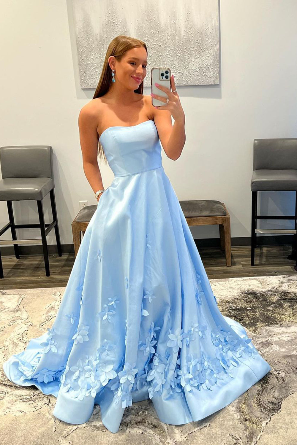 Light Blue Strapless Satin Prom Dress with Appliques