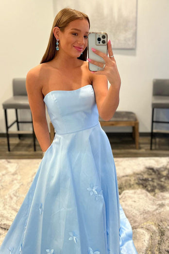 Light Blue Strapless Satin Prom Dress with Appliques