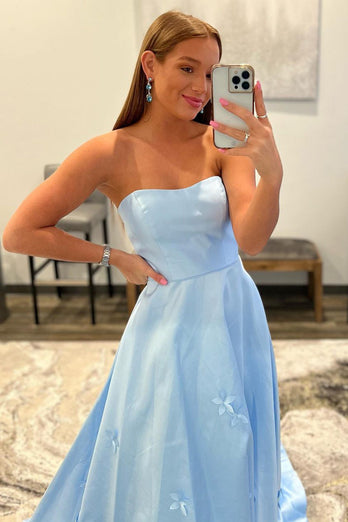 Light Blue Strapless Satin Prom Dress with Appliques