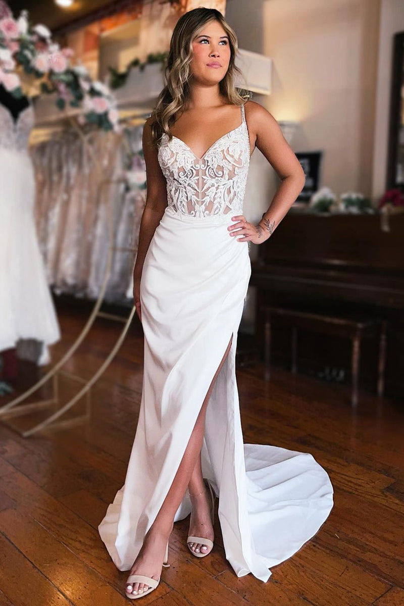Load image into Gallery viewer, White Lace-Up Back Wedding Dress with Slit