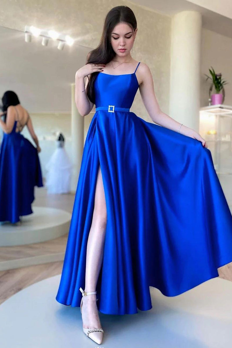 Load image into Gallery viewer, Royal Blue A Line Satin Prom Dress with Slit