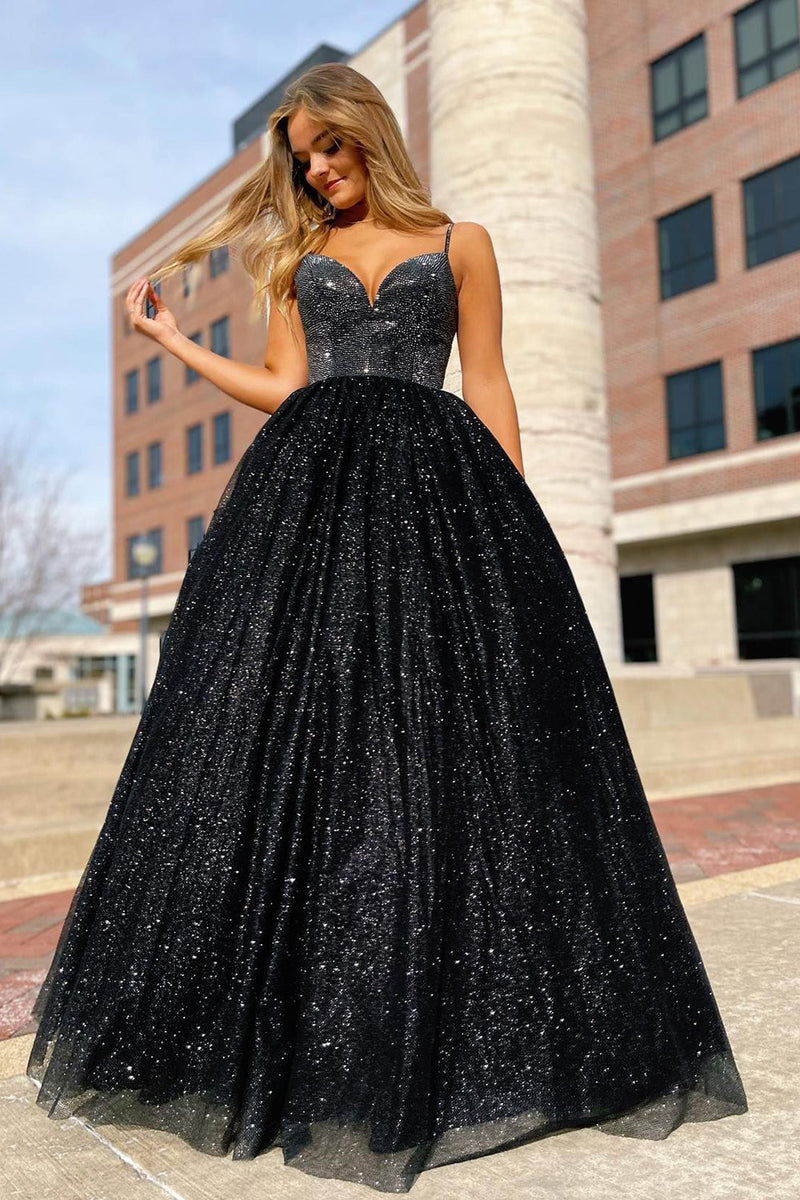 Load image into Gallery viewer, Black Glitter A Line Princess Prom Dress with Beading