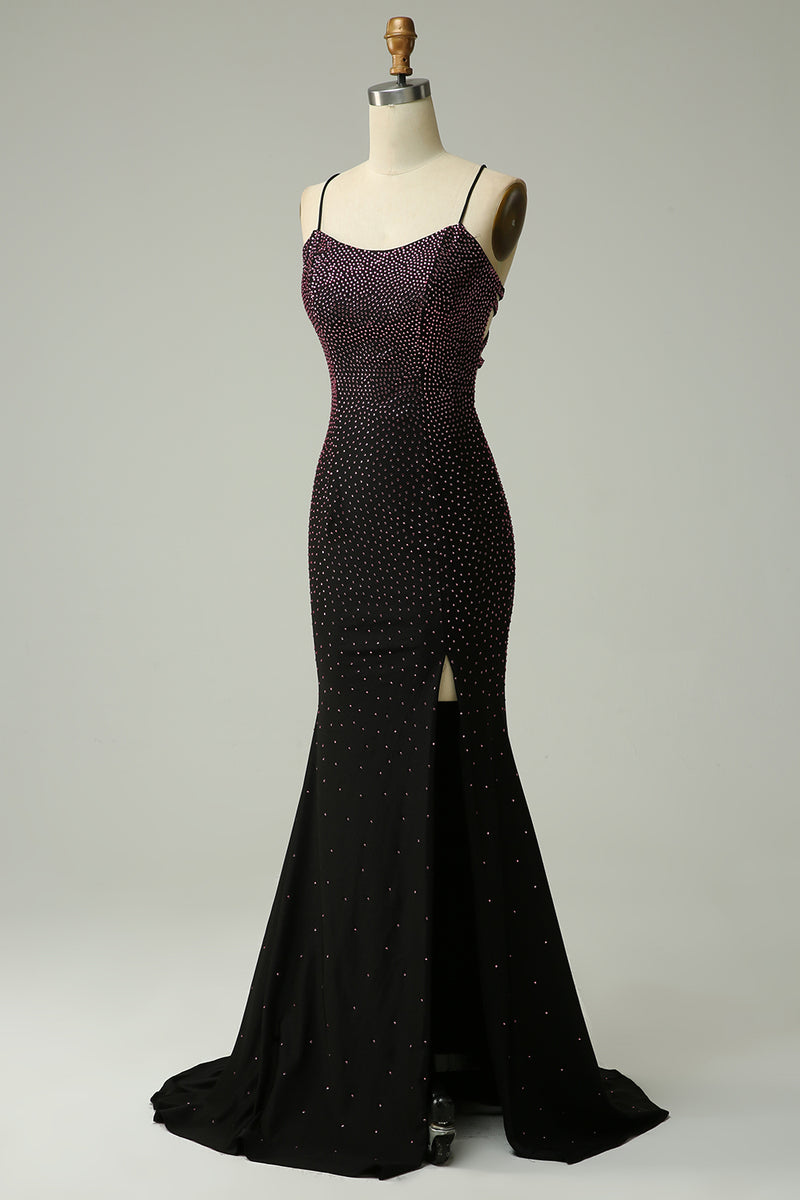 Load image into Gallery viewer, Beading Dark Purple Mermaid Prom Dress with Slit