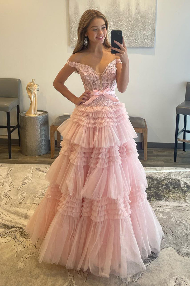 Load image into Gallery viewer, Pink Layered Off the Shoulder Princess Prom Dress with Beading