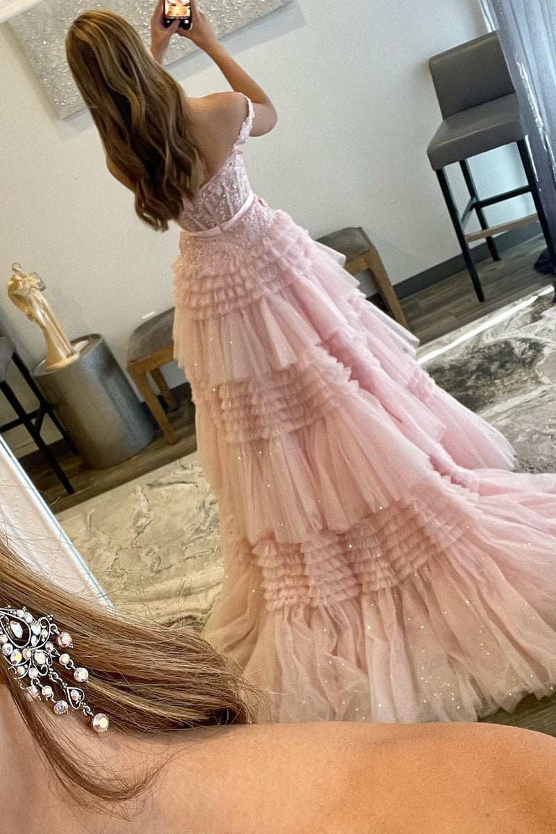 Load image into Gallery viewer, Pink Layered Off the Shoulder Princess Prom Dress with Beading