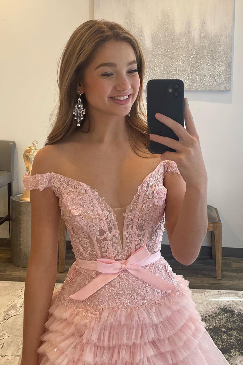 Load image into Gallery viewer, Pink Layered Off the Shoulder Princess Prom Dress with Beading