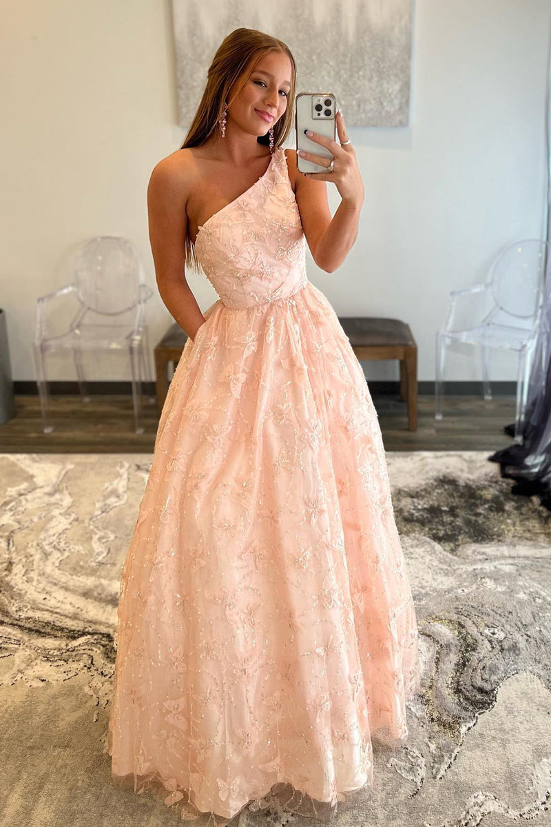Load image into Gallery viewer, One Shoulder Pink Princess Prom Dress with Beading Butterfly