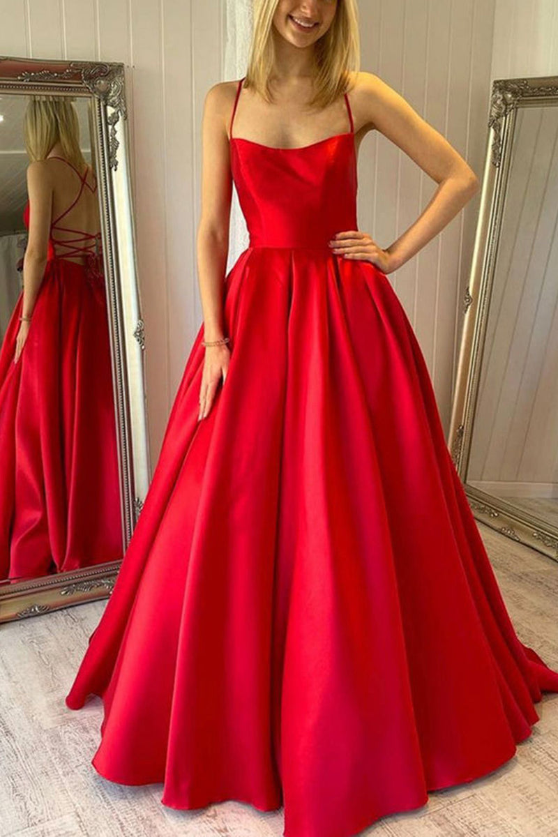 Load image into Gallery viewer, Spaghetti Straps A Line Satin Red Prom Dress with Pockets