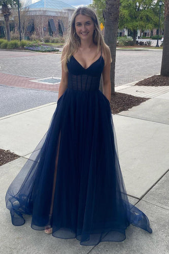 Navy A-Line Tulle Princess Prom Dress