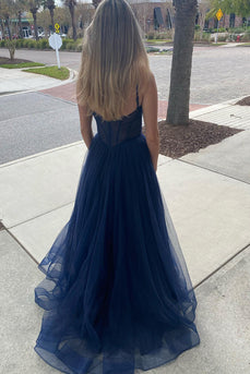 Navy A-Line Tulle Princess Prom Dress