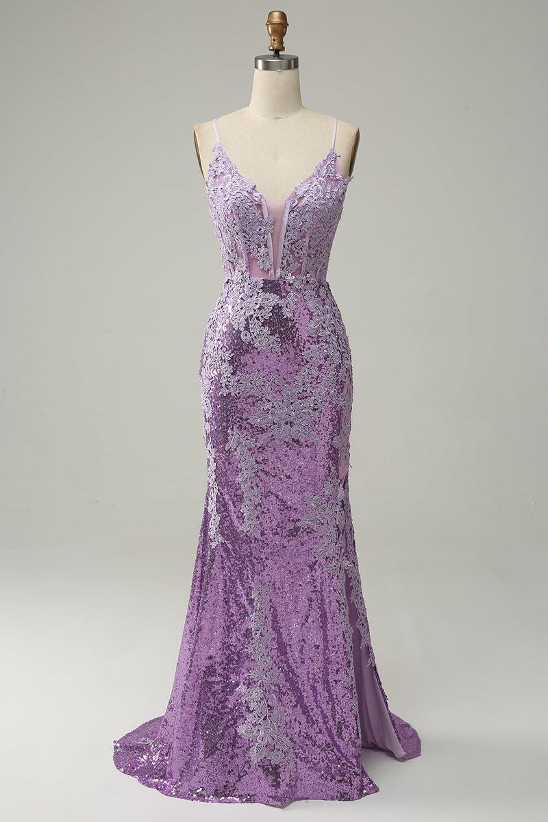 Load image into Gallery viewer, Mermaid Spaghetti Straps Purple Long Prom Dress with Appliques