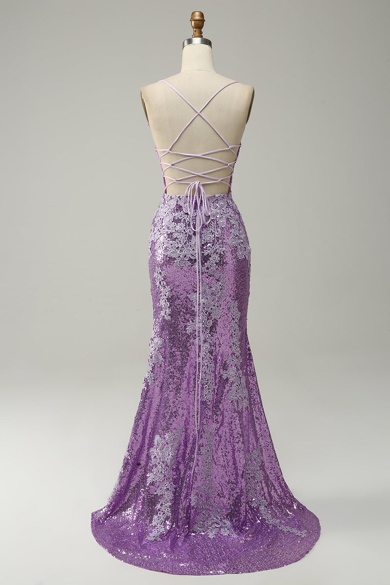 Load image into Gallery viewer, Sequin Purple Glitter Mermaid Prom Dress with Appliques