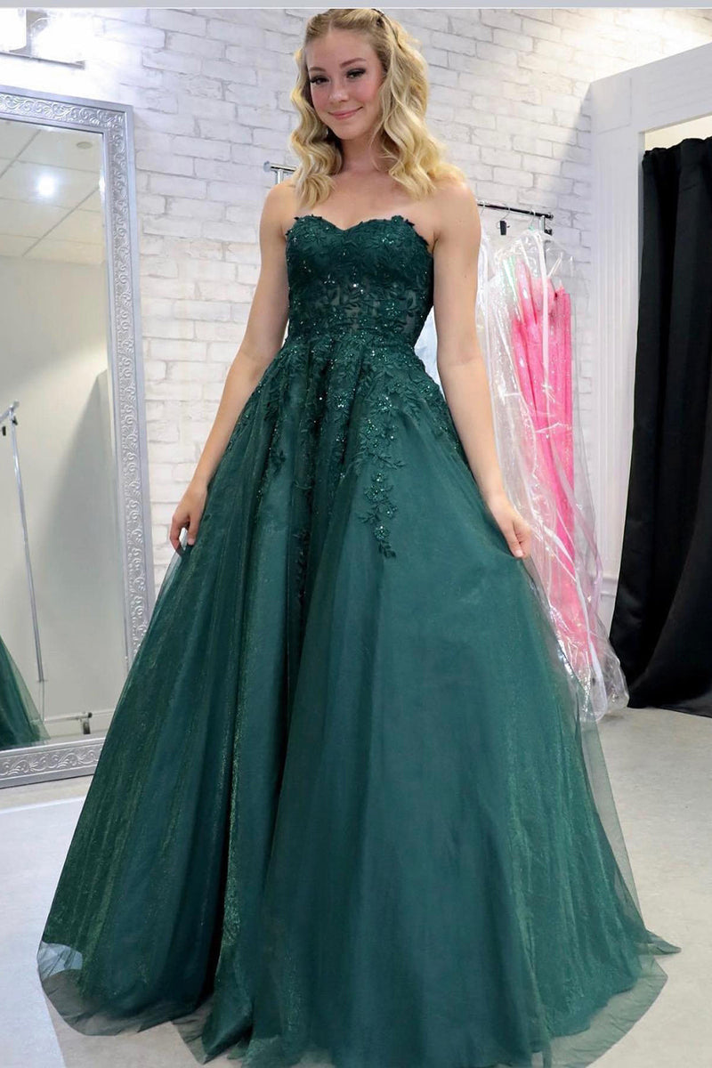 Load image into Gallery viewer, Dark Green Tulle A Line Prom Dress with Appliques