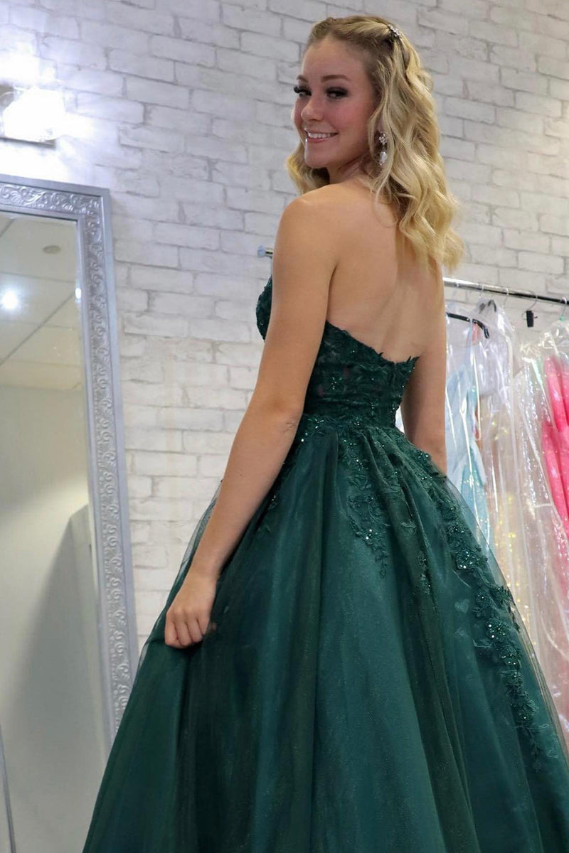 Load image into Gallery viewer, Dark Green Tulle A Line Prom Dress with Appliques