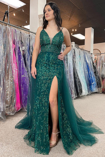 Dark Green Sequins Mermaid Prom Dress with Slit