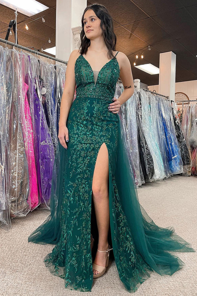 Load image into Gallery viewer, Dark Green Sequins Mermaid Prom Dress with Slit