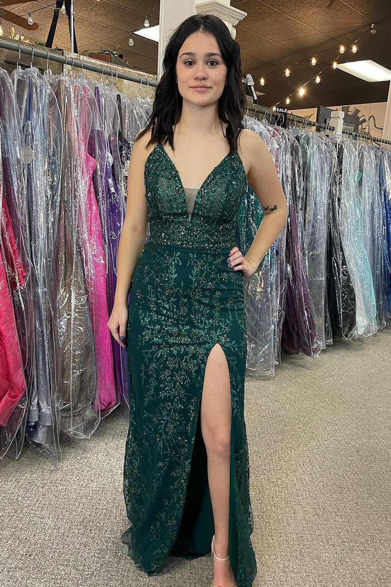 Load image into Gallery viewer, Dark Green Sequins Mermaid Prom Dress with Slit