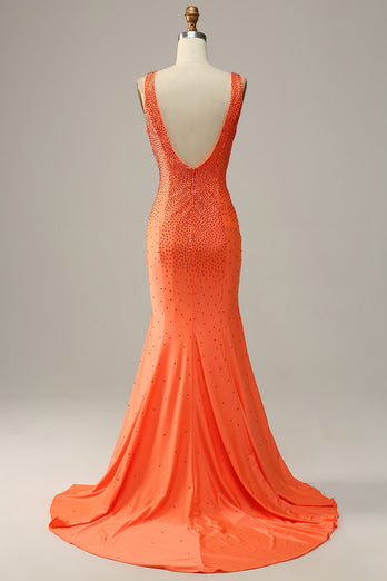 Mermaid V Neck Orange Long Prom Dress with Beading