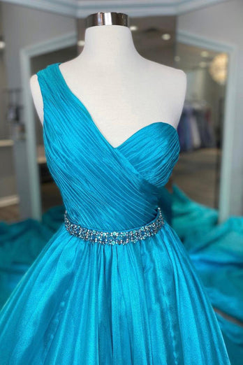 One Shoulder A Line Princess Prom Dress with Beading Waist