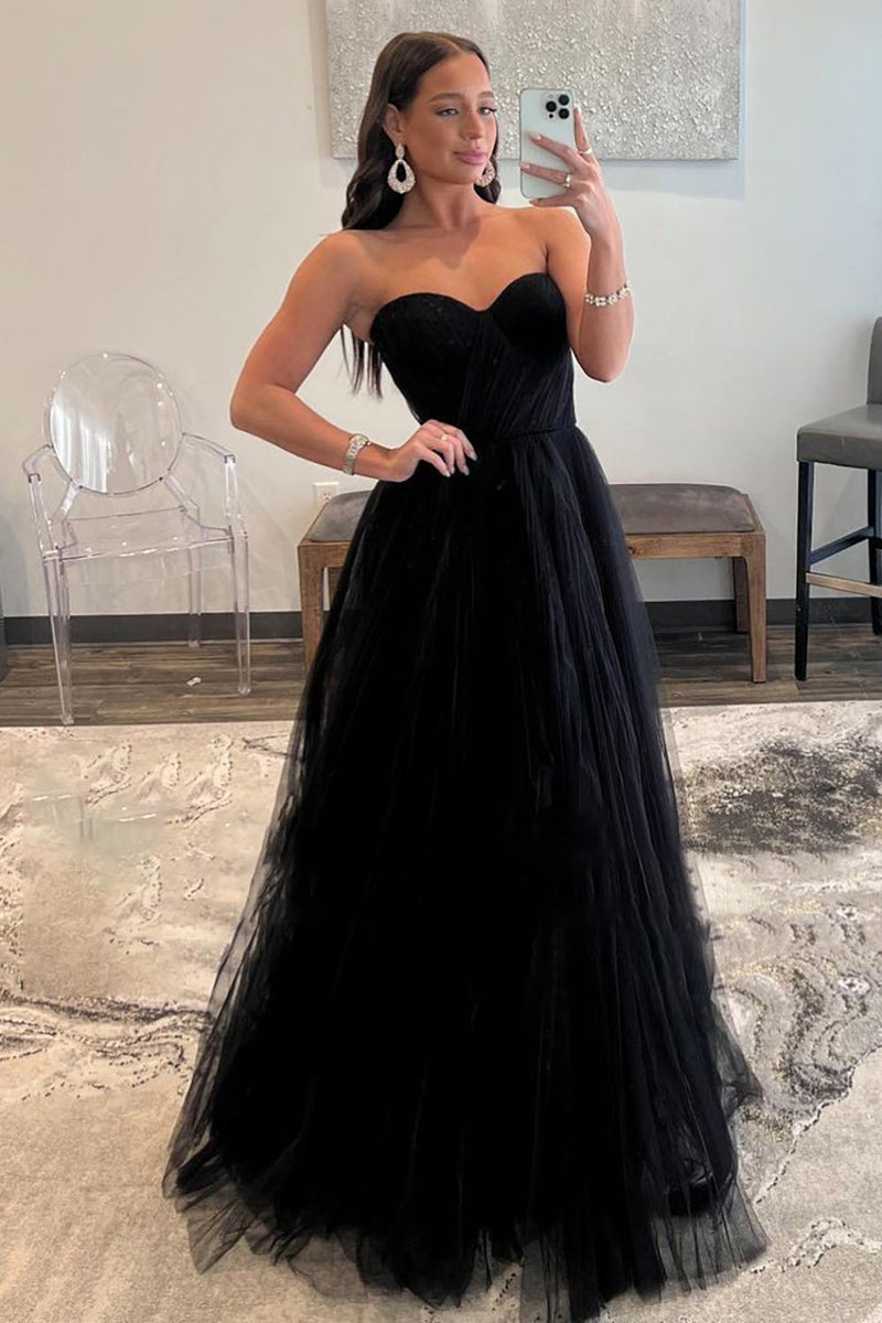 Load image into Gallery viewer, A-Line Black Sweetheart Tulle Princess Prom Dress