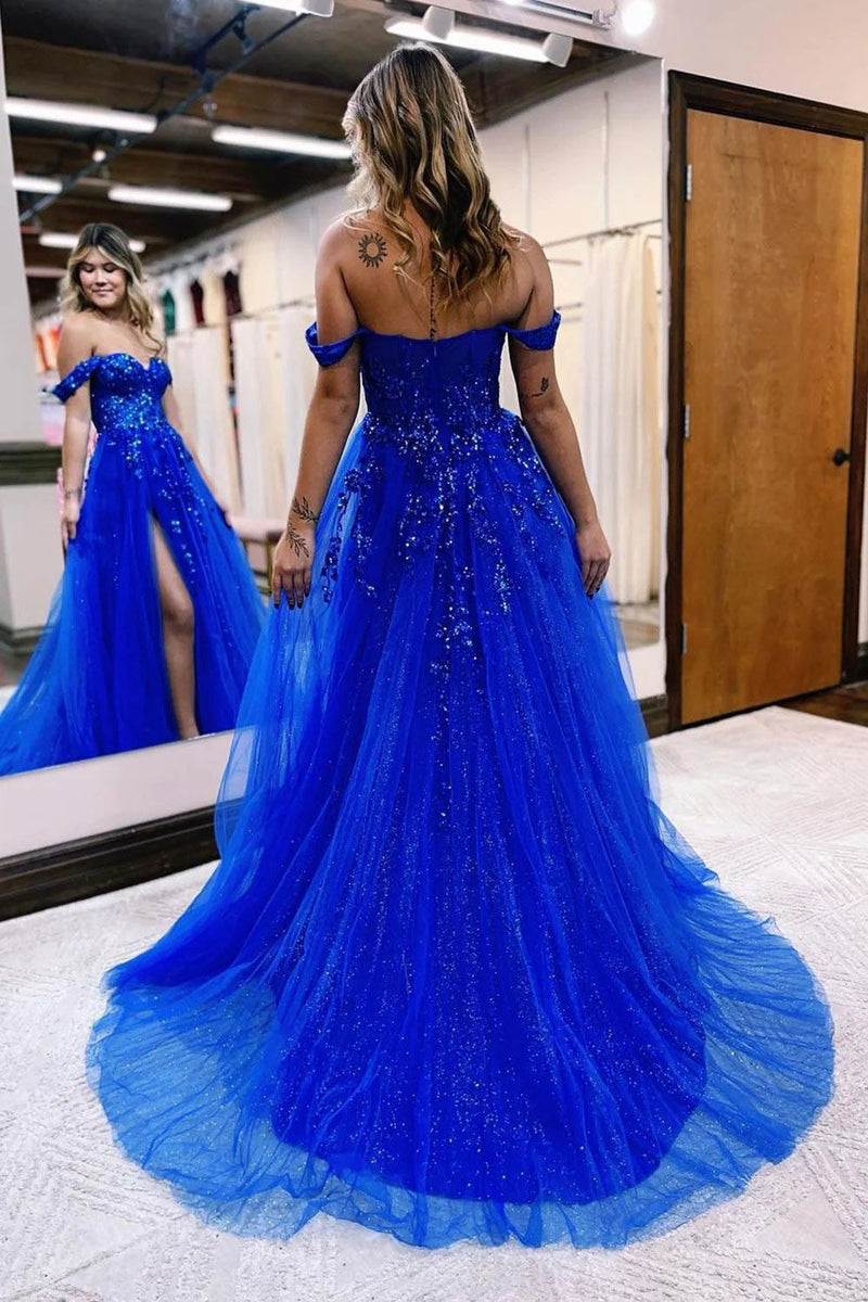 Load image into Gallery viewer, A Line Off the Shoulder Royal Blue Long Prom Dress with Split Front