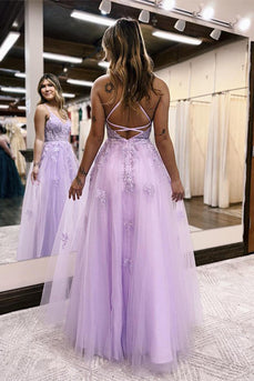 Lavender A-Line Spaghetti Straps Lace Long Prom Dress with Slit