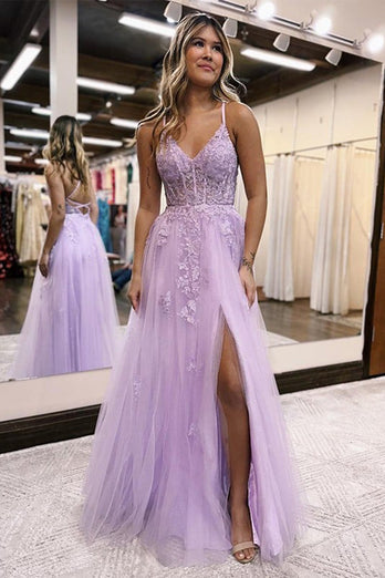 Lavender A-Line Spaghetti Straps Lace Long Prom Dress with Slit