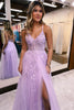 Load image into Gallery viewer, Lavender A-Line Spaghetti Straps Lace Long Prom Dress with Slit