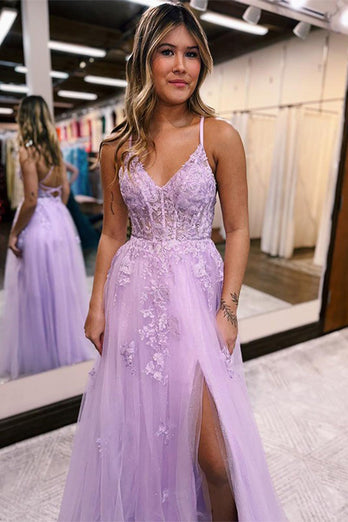 Lavender A-Line Spaghetti Straps Lace Long Prom Dress with Slit