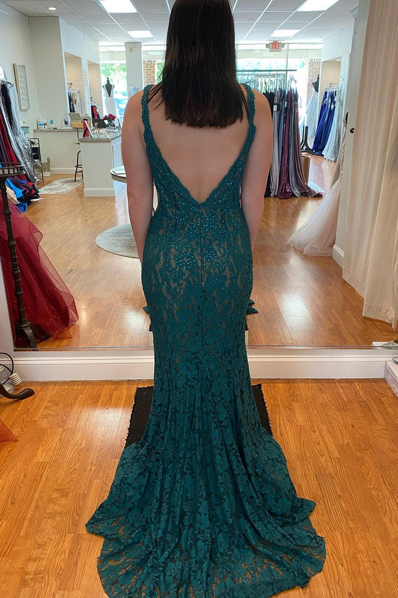 Load image into Gallery viewer, Mermaid Green Beading Prom Dress with Lace